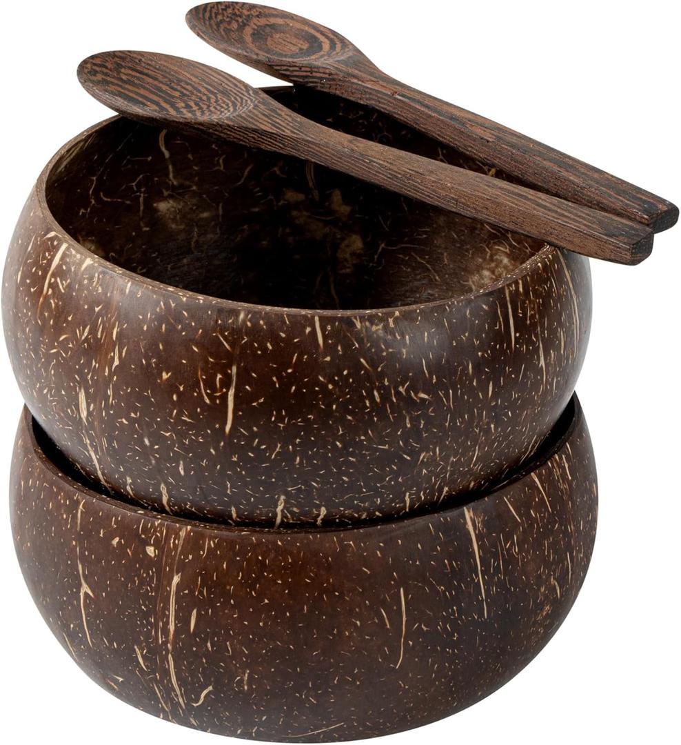 Natural Coconut Bowls & Spoons Set of 2 - Hand-Polished with Organic Oil, Eco-Friendly Smoothie Bowls for Acai/Poke/Salads, Durable Coconut Shell Crafted, Kitchenware with Lightweight Design