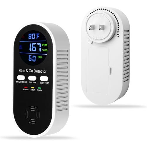 5-in-1 Carbon Monoxide Detector & Natural Gas Leak Alarm,AC-Plug-in CO Alarm & Explosive Gas Detector Battery Backup with Temperature(°F) & Humidity,Three Levels Volume & Brightness for Home,RV,Hotel Pack Of 2