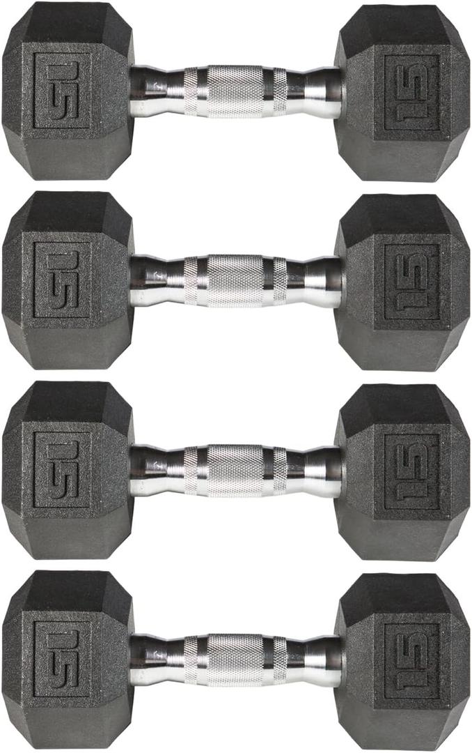 York Barbell PVC Hex Dumbbell with Chrome Ergonomic Handle 15lB, Durable Noise-Reducing PVC Coated Dumbbells Weights for Strength Training, Bodybuilding, Lifting, Exercise & Home Gym Fitness (Black - Pack of 4)