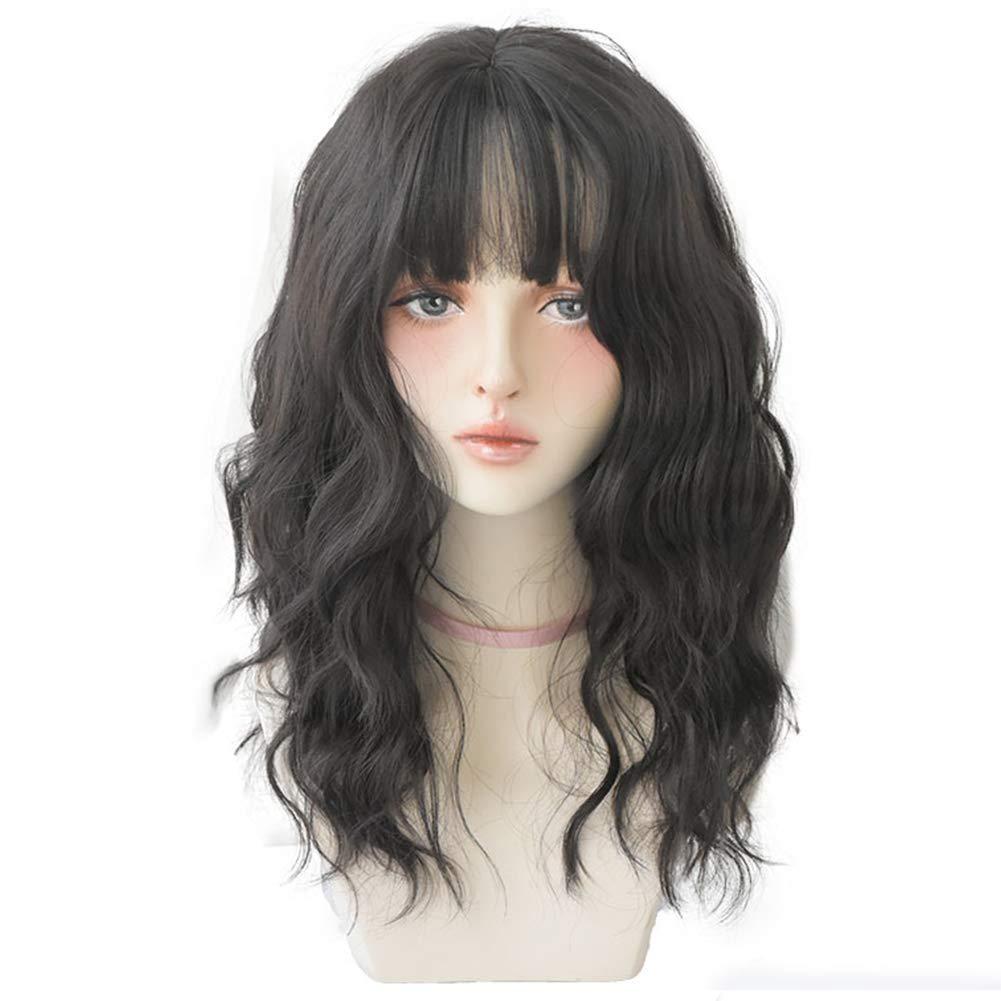 Wavy wigs with Bangs for women Party Wigs Natural Looking Heat Resistant Fiber Hair Color Wavy hair Cosplay Daily Part Wig for Women Full Hair Straight Wigs (Black brown)