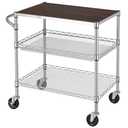 3 Tier Heavy Duty Commercial Grade Utility Cart with Wood Top, Wire Rolling Cart with Wheels and Handle Bar, Kitchen Carts on Wheels, Metal Cart with 600 LBS Capacity, Chrome