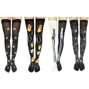 EraSpooky Halloween Thigh High Stockings 4-Pack Tights Set  Skeleton Spiderweb Pumpkins Ghosts