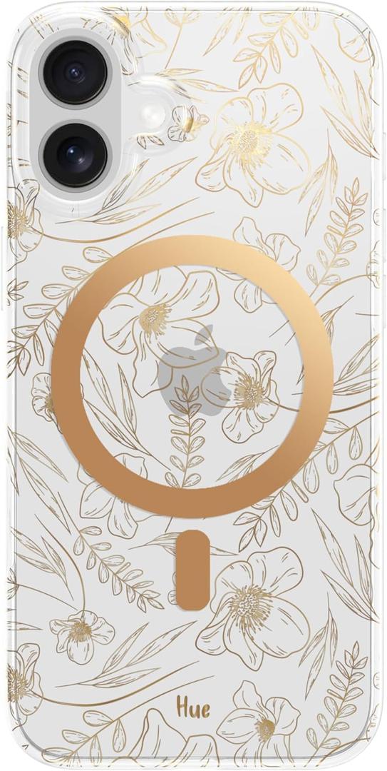 LONLI Hue - Magnetic Case for iPhone 16 - [Compatible with Magsafe] - [360 Shock-Absorbent Bumper] - [Cute and Unique Phone Cover for Girls and Women] - Gold Floral