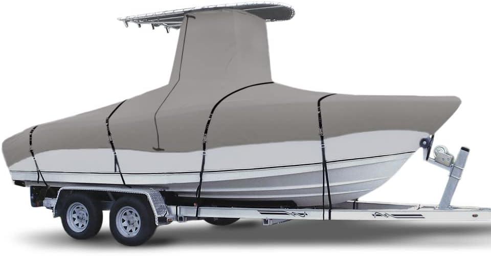 900D Marine Grade Fade and Tear Resistant Trailerable T-Top Boat CoverHeavy-Duty Waterproof and UV-Proof TTOP Boat Storage Cover with Windproof Metal Buckle Straps Fit 26ft-28ft Long(Gray)
