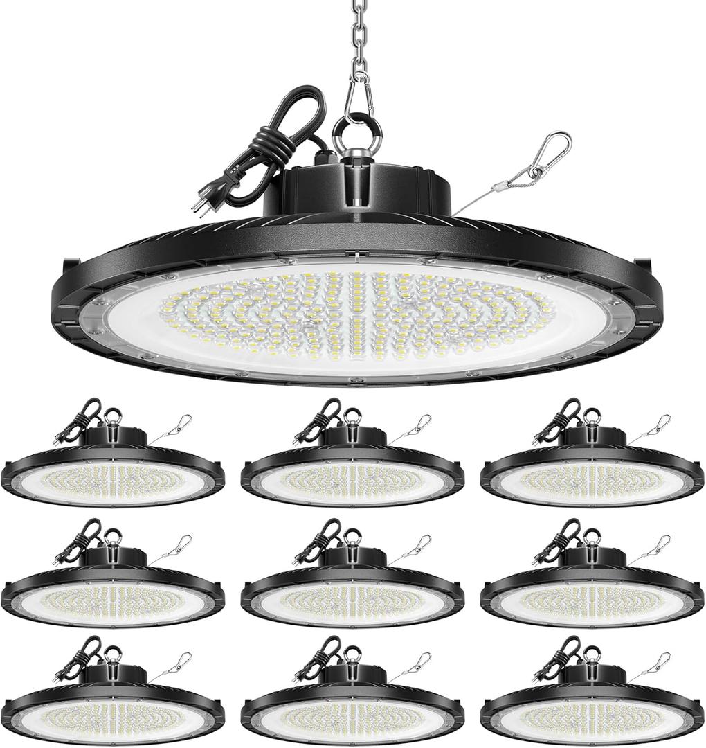 ONLYLUX UFO LED High Bay Light, 10 Pack, 150W, 5000K, 22500LM, High Bay LED Shop Lights with 5' Cable(Eqv.600w Mh/Hps/Hid) for Garage Factory Workshop Warehouse Barn