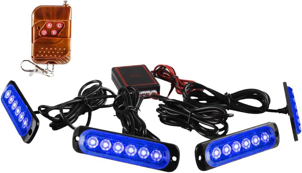 Sidaqi LED Emergency Strobe Lights with Remote Control,Blue 4IN1 24LED Grille Warning Flashing Construction Ploice Light Waterproof 12V