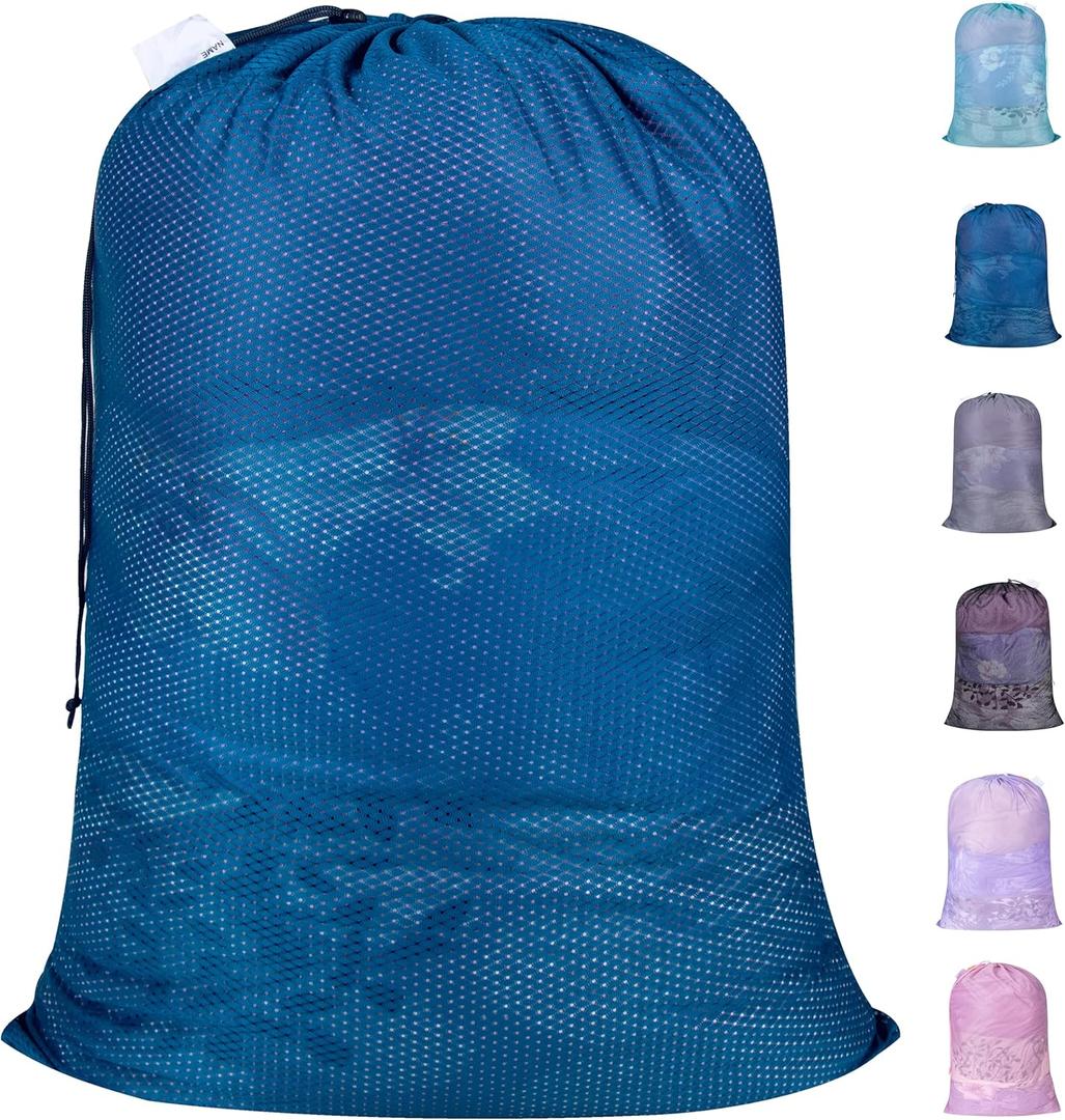 Polecasa Extra Heavy Duty Large Diamond Mesh Laundry Bags with Drawstring Closure & ID Tag, 24 x 36 inches Washable Storage Bag for College, Travel, Sports, Dorms, Blue
