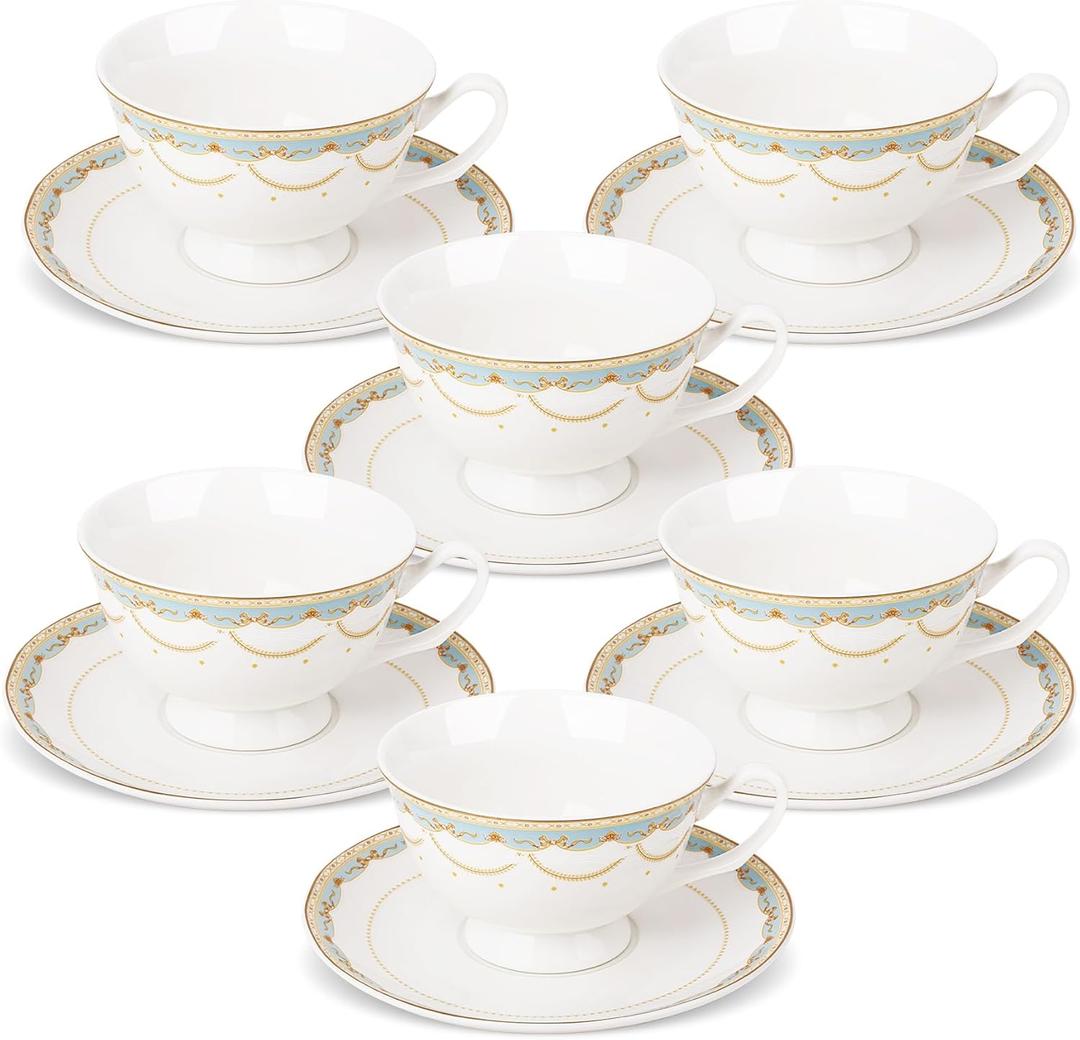 fanquare Blue Lace Teacup and Saucers Set with Gold Trim, Bone China British Coffee Cups and Saucers for Afternoon Tea Coffee Party Gifts