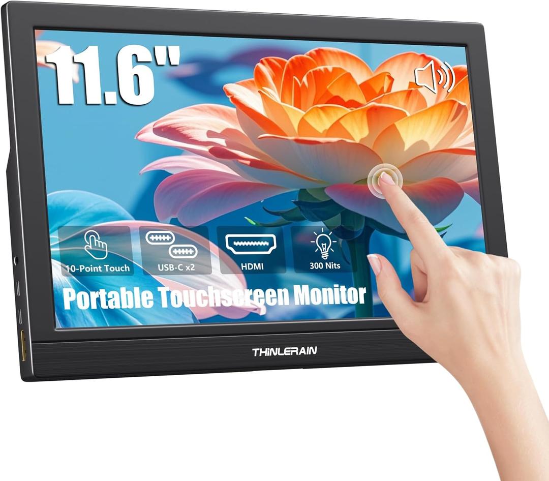 11.6 Inch Portable Monitor Touchscreen, 10-Point Touch Screen Monitor Travel Screen with Kickstand & Speaker, HDMI USB C External Display for Laptop, PC, Phone