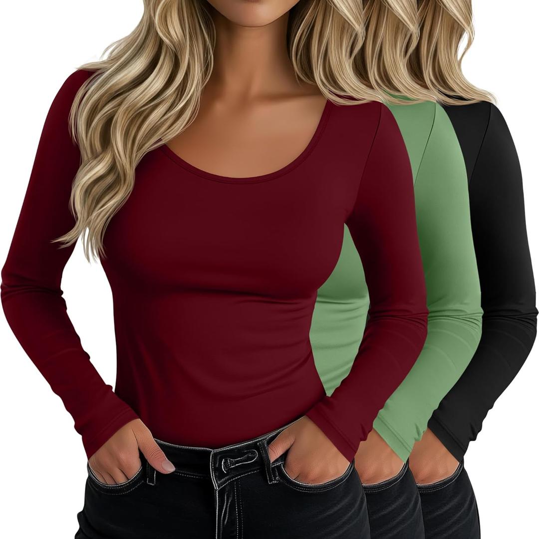 Neer 3 Pack Women's Scoop Neck Long Sleeve T-Shirts Slim Fitted Underscrubs Tops Stretchy Tight Casual Basic Layer Shirts (Medium, Wine Red, Black, Grass Green)