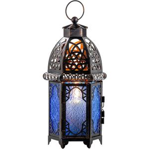 DECORKEY Vintage Candle Lantern, 12.8 Moroccan Style Decorative Metal Hanging&Tabletop Lantern, Ramadan Christmas Candle Holder Decorations for Home Outdoor Patio (Blue) (Large)