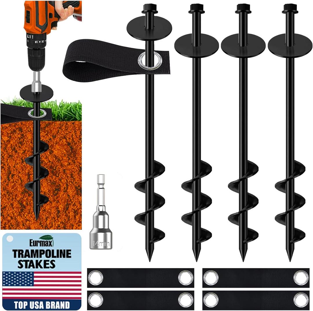 Eurmax USA Ground Anchors Screw in Trampoline Anchors High Wind Tent Stakes Heavy Duty Ground Stakes Trampoline Stakes Anchor Kit Set of 4 Bonus 4 Strong Belt (Black)