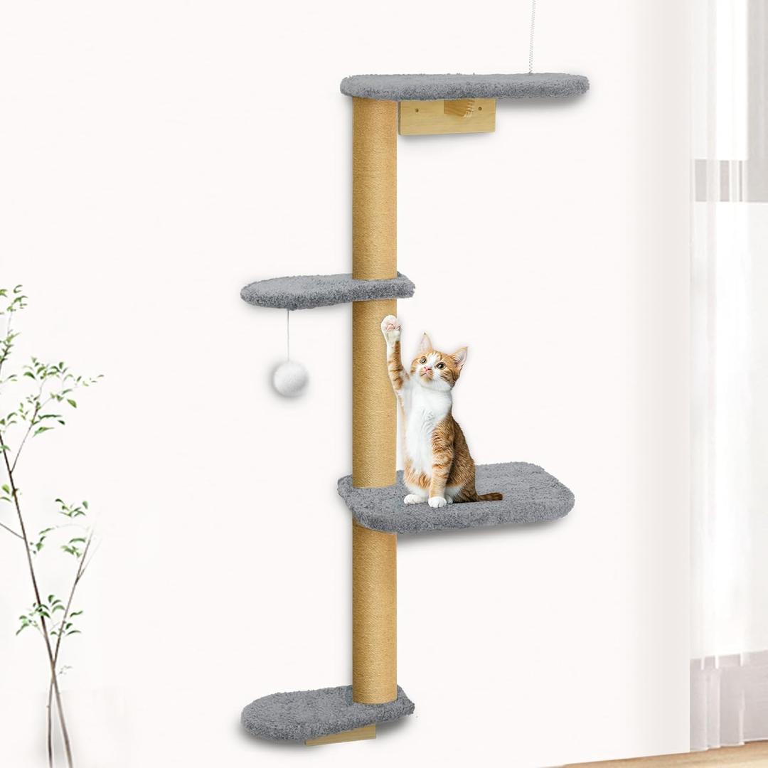 Wall Mounted Cat Wall Shelves and Climbing Tree for Kittens, 4-Tier Adjustable Cat Furniture for Indoor Cats Under 30lbs, with Grey Plush Platforms, Gray