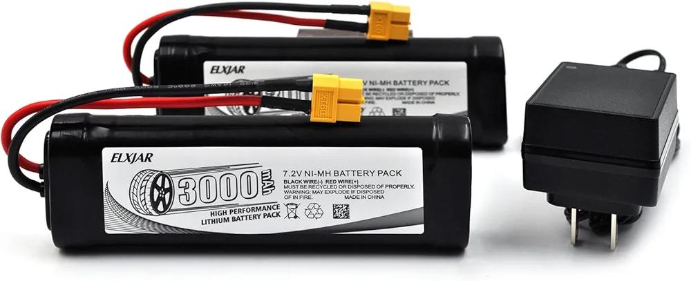 (2-Pack) 7.2V 3000mAh NiMH Battery with XT60 Connector and Balance Charger for RC Car Truck Buggy LOSI Associated HPI Kyosho Tamiya 2WD 4WD Models