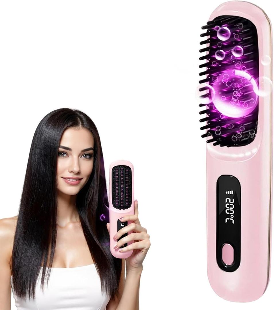 New Go Brush Pro 2025 Cordless Hair Straightener Brush - 20s Fast Heat Up, 50 Min Runtime, 199M Frizz-Fighting Ions, 4-Temp & LED, 3200mAh USB-C, Auto Shut-Off, Travel-Friendly (Pink)