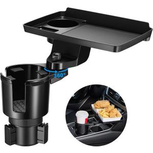 This Hill Cup Holder Tray for Car, 2 in 1 Detachable Car Food Table Tray with Solid Base & Phone Slot,Car Cup Holder Expander with 360Rotation Tray for Travel Road Essentials