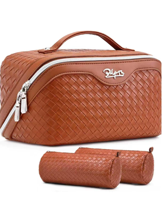 BOYATU Travel Makeup Bag Cosmetic Bags for Women: Large Capacity 3 Pcs Set Make up Bag with Compartments - Waterproof Vegan Leather Toiletry Organizer Bags with Handle (L08 Brown)