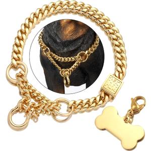 Jewelry Kingdom 1 Gold Dog Martingale Collar Metal Chain with Design Secure Buckle Dog Tag, 18K Cuban Link 15MM Strong Heavy Duty Chew Proof Walking Training Slip Collar (15MM, 26") (26"(Fits Neck 24"-23.5"))