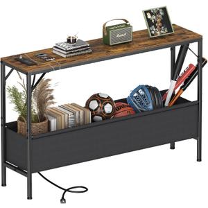 Asgolion Narrow Console Table, 47.2" Long Entryway Table with Storage & Power Outlets, Hallway Table, Mordern Industrial Sofa Tables for Living Room, Bedroom, Foyer, Office, Anti-tip Kit, Rustic Brown