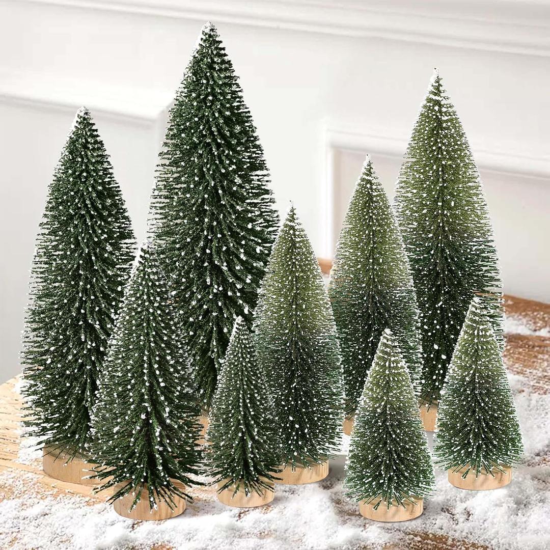 9Pcs Mini Christmas Trees Christmas Decor Artificial Christmas Decorations with 4 Sizes, Christmas Tree Bottle Brush Trees Christmas Table Decorations (Dark Green Two-Tone)