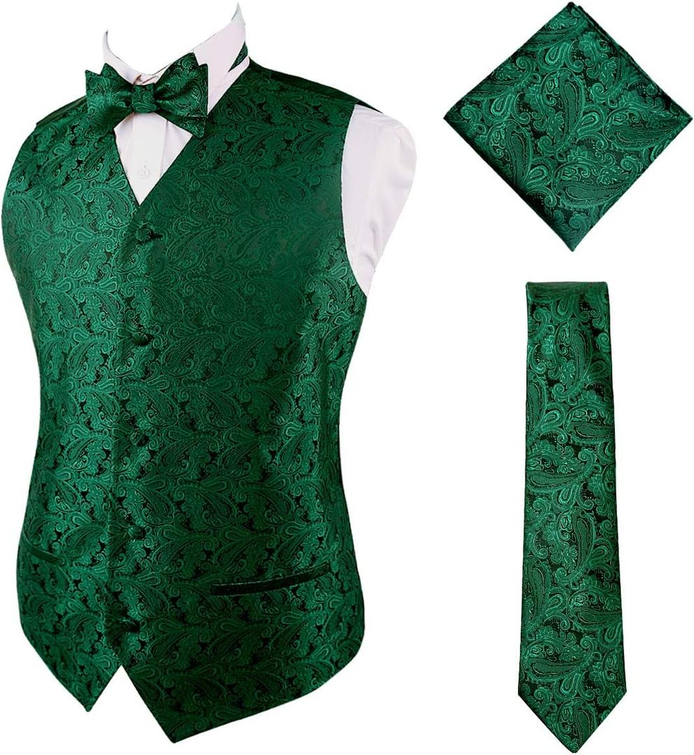Alizeal Mens Classic 4pc Paisley Jacquard Waistcoat Suit Vest Set (Small, #Dark Green)