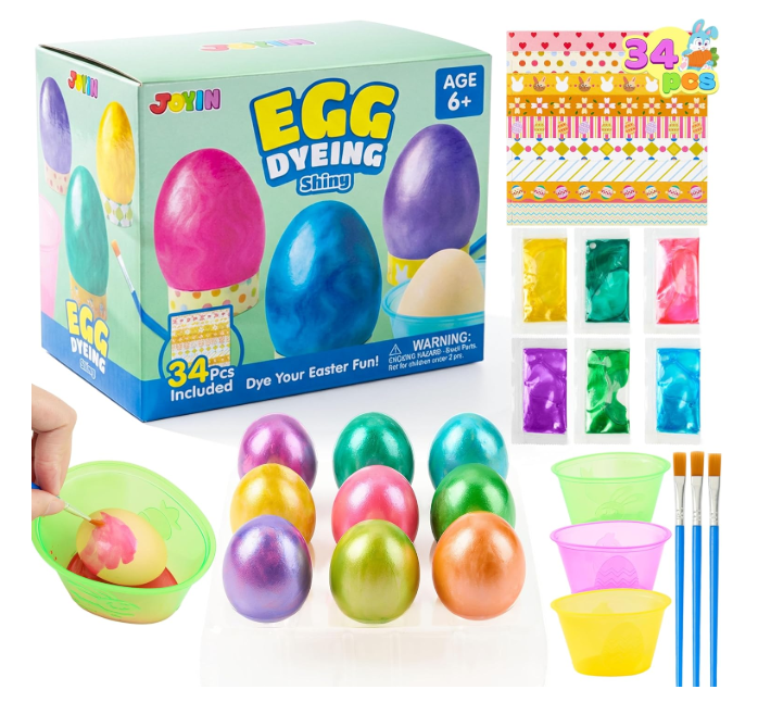 JOYIN 34 PCS Easter Shiny Egg Dye Decoration DIY Kit Multicolor Liquid Dyes with Brushes, DIY Egg Coloring Set for Kids Easter Activities, Theme Party, Hunt Fun.