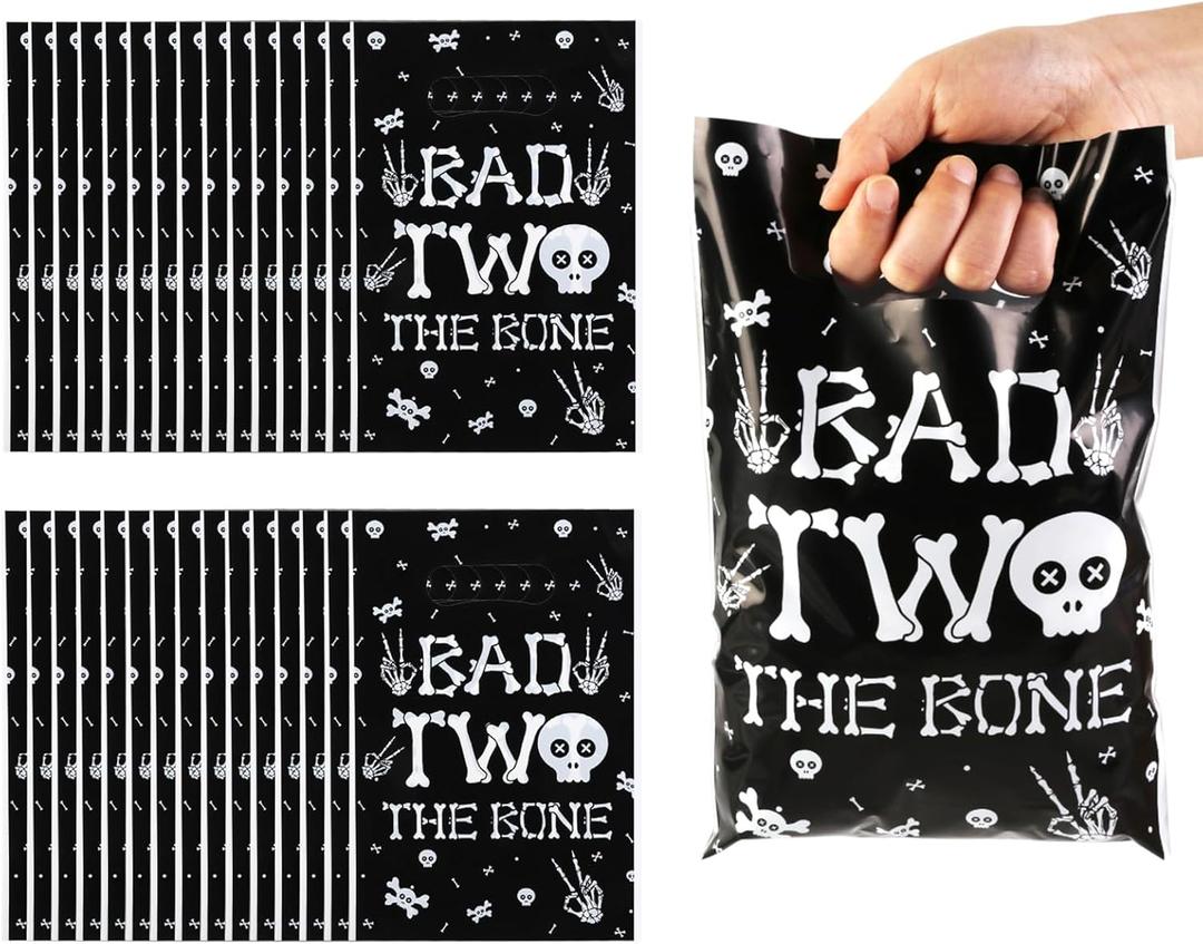 Serencatcher 50pcs Bad Two The Bone Plastic Favor Bags, Bad 2 The Bone Party Decorations, 6.6x9.8 Inches Candy Goodie Treat Bags Bulk with Handles for Boy Girl 2nd Birthday Party