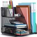 Desk Organizer, File Organizer for Desk with 2-Tier Paper Letter Tray, Drawer and 2 Pen Holder, Mesh Desktop Organization with Magazine Holder for Office Supplies (Black)