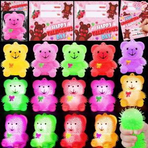 24 Pack 6 Color Light Valentines Favor Puffer Balls Bear Valentines Gifts for Kids with Cards Classroom School Exchange Prefilled Stress Relief Squeeze Fidget Toy Flashing Glow in Dark Prize Girls Boy