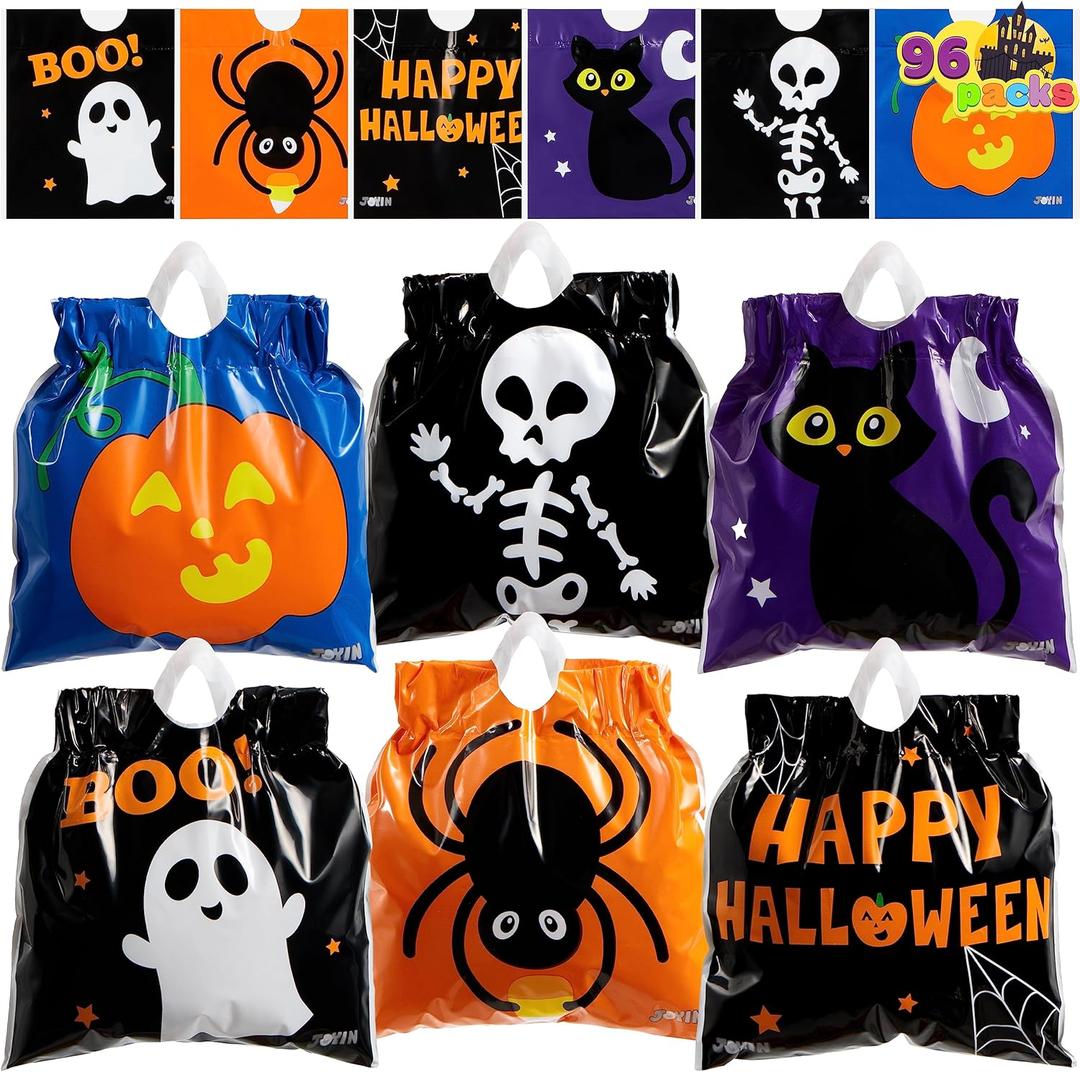 JOYIN 96 Pcs Halloween Drawstring Candy Bags, Small Trick or Treat Goodie Bags Bulk, 6 Designs Halloween Plastic Gift Bag for Kids Trick or Treating, Boys Girls Party Favors Supplies, Classroom Gifts