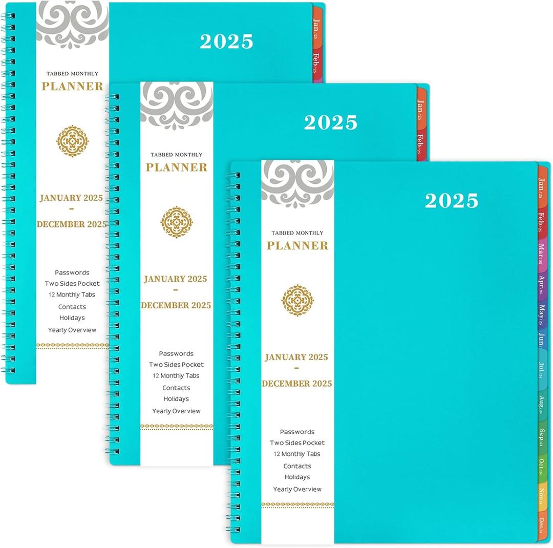 Artfan 2025 Monthly Planner - 8.5" x 11", Tabs, Pocket, Label, Contacts & Passwords, Twin-Wire Binding, 3 Pack - Teal