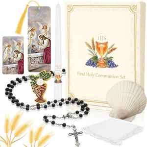 Conelist 7 Pcs First Communion Gift Box Set Catholic Holy 1st Communion Baptism Kit with Candle Rosary Lapel Pin Prayer Card Shell Bookmark Handkerchief for Christian Church Favors(Prayer)