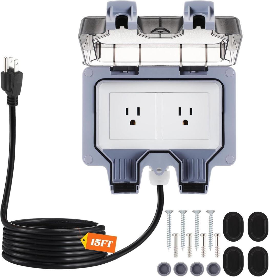 Kanayu Outdoor Outlet Box with 15ft Extension Cord, Dual 15 AMP 5-15 Receptacles Weatherproof Waterproof IP66 Outdoor Exterior Socket with Cover, 14 AWG/3C SJTW Cord