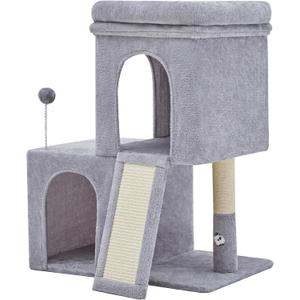 Woochpet 32inch Tall Cat Tree with 2 cat condo for Adult Cats Cozy Cat Tower with Scratching Post and Scrather Board for Cats of Different Ages.Light Grey