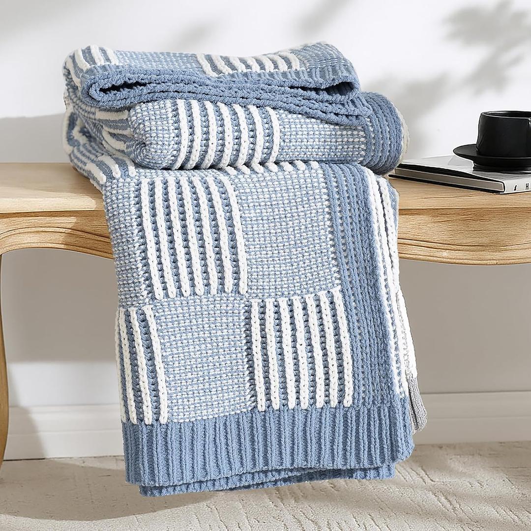 Amlie Home Checkered Knit Throw Blanket for Couch, Chenille Texture Decorative Soft Blanket for Sofa & Chair, 50"x60", Blue & White