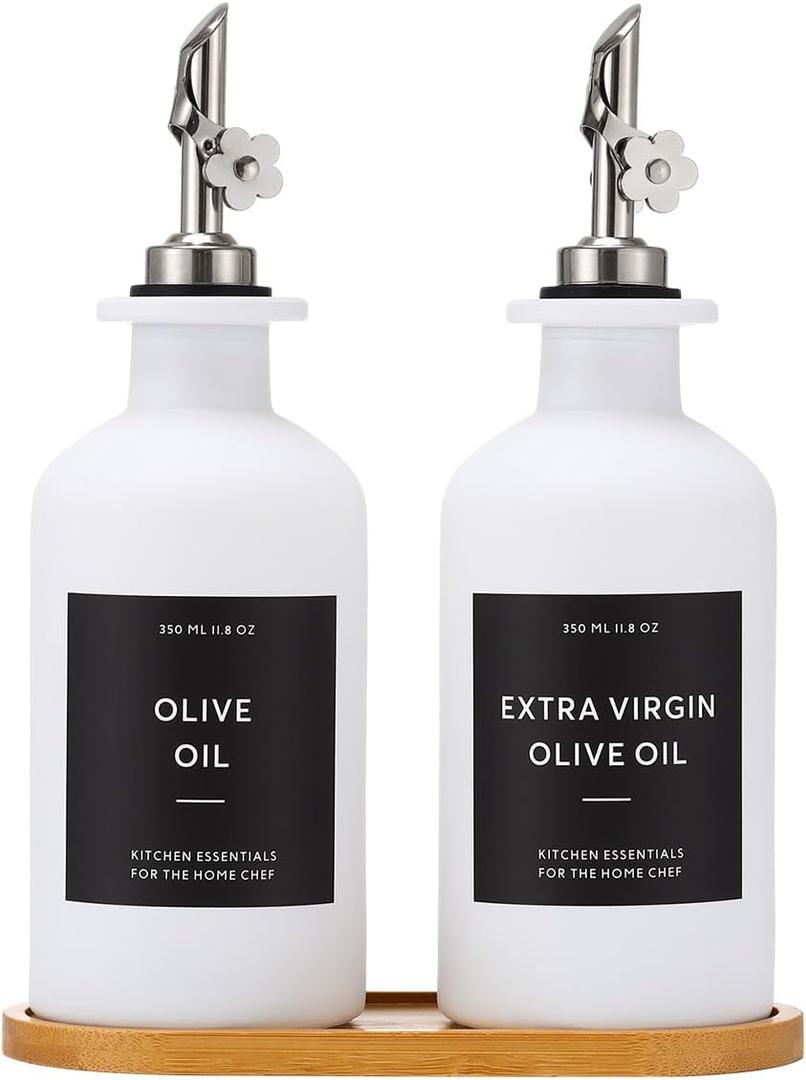HOMCDALY Olive Oil Dispenser for Kitchen, 11.8oz Glass kitchen Dispenser Bottle, White Oil&Vinegar Cruet Set, Leakproof Oil Bottle for Cooking| Set of 2 (11.8oz White)
