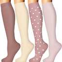 Iseasoo 4 Pairs Compression Socks for Women Circulation-Best Support for Nurses,Running,Athletic,Travel (Small-Medium, 02-6-dark Pink/Beige/Pink Dots/Pink-4 Pairs)
