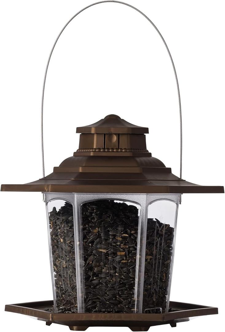 More Birds Small Lantern Bird Feeder, Gazebo-Style Wild Bird Feeder, 6 Feeding Stations, 2.6 lb Seed Capacity, Brown