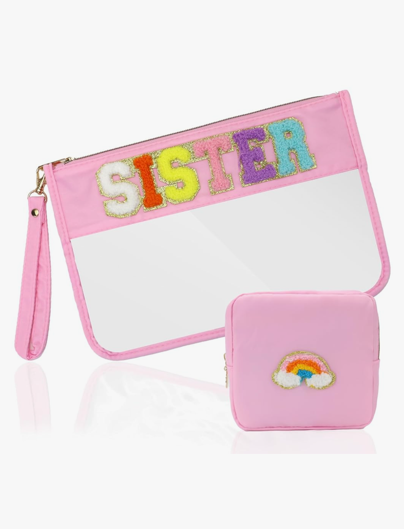 2 Pcs Big Sister Gifts Cosmetic Makeup Bag with Chenille Letter Patch,with Handles PVC Waterproof Clear Makeup Bag,Portable Toiletry Storage Bag