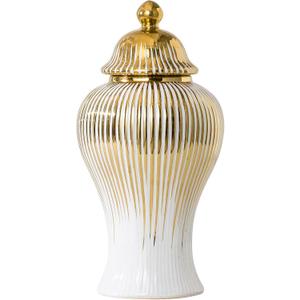 Ginger Jar, Decorative Porcelain Ginger jar with lid, White Gold Ceramic Vase for Decor Decor, Kitchen, Bookshelf Decor, Storage jar, Table Center Vase(9in)