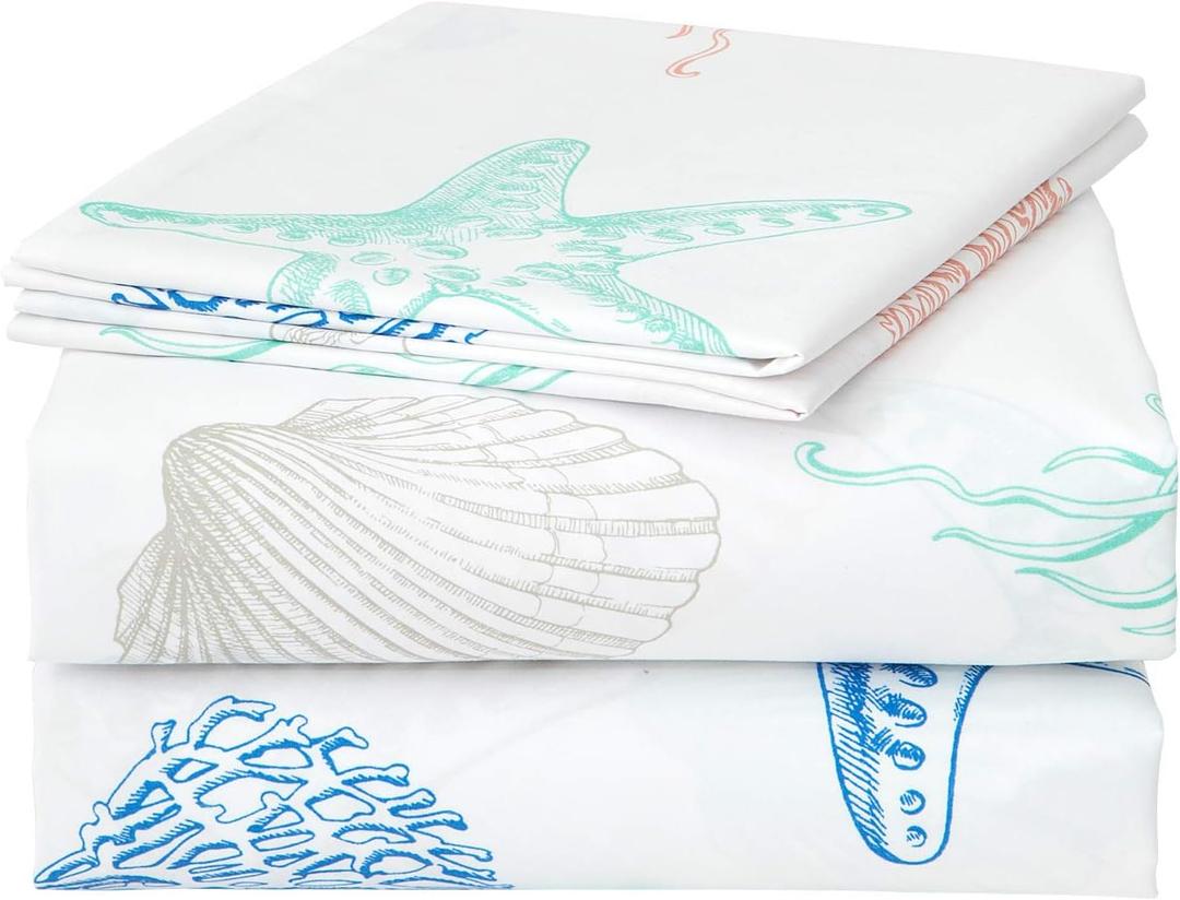JSD Beach Theme Kids Printed Sheet Set Full, 4 Piece Starfish Jellyfish Coastal Summer Microfiber Bed Sheets Deep Pocket