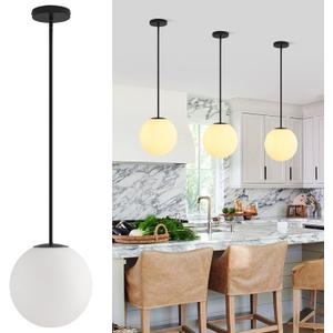 10in Milk Glass Pendant Light, Mid Century Modern Pendant Lights Kitchen Island, Black Fininsh Hanging Light Fixture for Dining Room Over Table Sink Hallway, Black & Milk 1 Pack