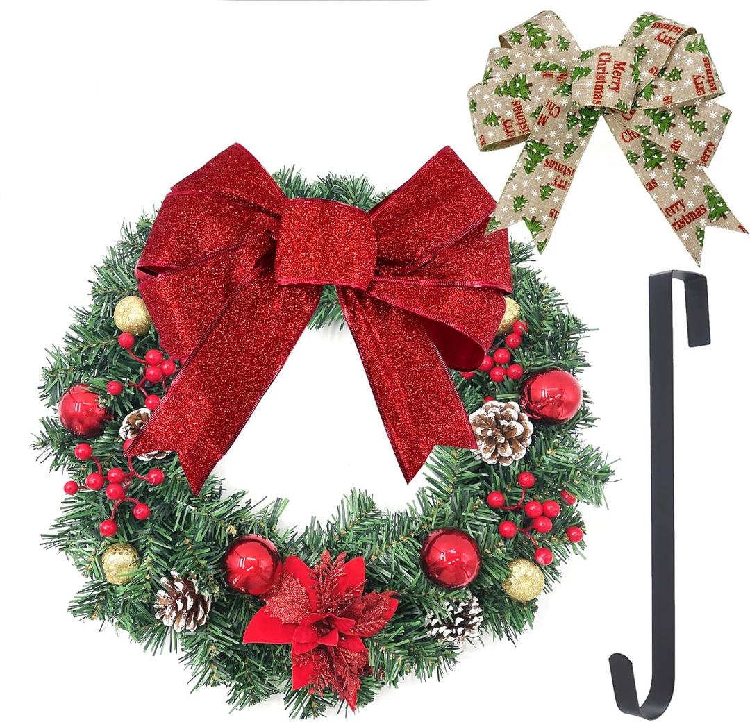 Christmas Wreaths for Windows, Christmas Door Wreath with Pine Cones, Ball Ornaments, Red Berries, and 2 Premium Bows, Great Xmas Decor for Front Door, Indoor and Outdoor, 18 inches