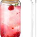 Glass Cups with Lids and Straws 1Pack,Glass Coffee Cups,Glass Cup with Lid for Iced Coffee,Smoothie,Cocktail,Beer,Whiskey,Soda,Matcha,16 Oz Glass Cup with Bamboo Lid,1 Brush