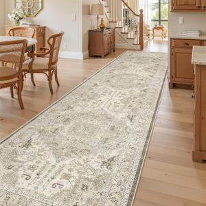 Madane 3x12 Hallway Runner Rug - Non Slip Washable 12ft Runner for Hallways Soft Vintage Kitchen Rugs Low-Pile Carpet Runner for Entryway Bathroom Thin Floor Mat for Bedroom Dining Room, Ivory/Brown