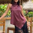 Women's Satin Halter Top Backless Sleeveless Cami High Neck Silk Tank Top Asymmetrical Hem Night Out Outfits Tee (L)