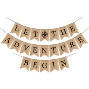 SWYOUN Burlap Let the Adventure Begin Banner Adventure Awaits Travel Themed Party Supplies Baby Shower Graduation Retirement Party Mantle Fireplace Decoration