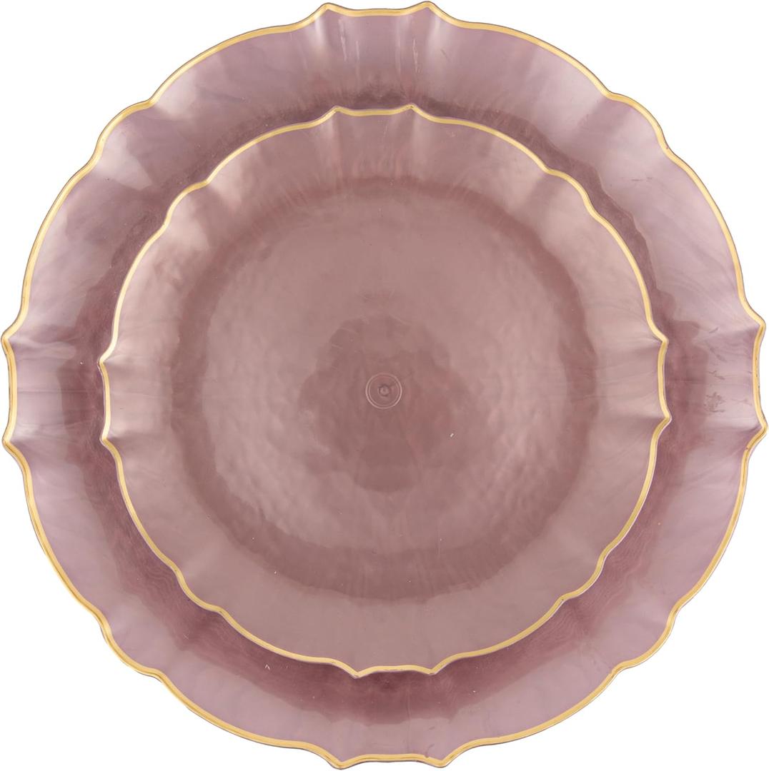 PLASTICPRO 48 Piece Aristocratic Combo Plastic Dinner Plates Disposable Plastic Fancy Heavy Duty Party Dishes 24, 7'' inch and 24, 10'' inch, Pearl Pink With Gold Rim