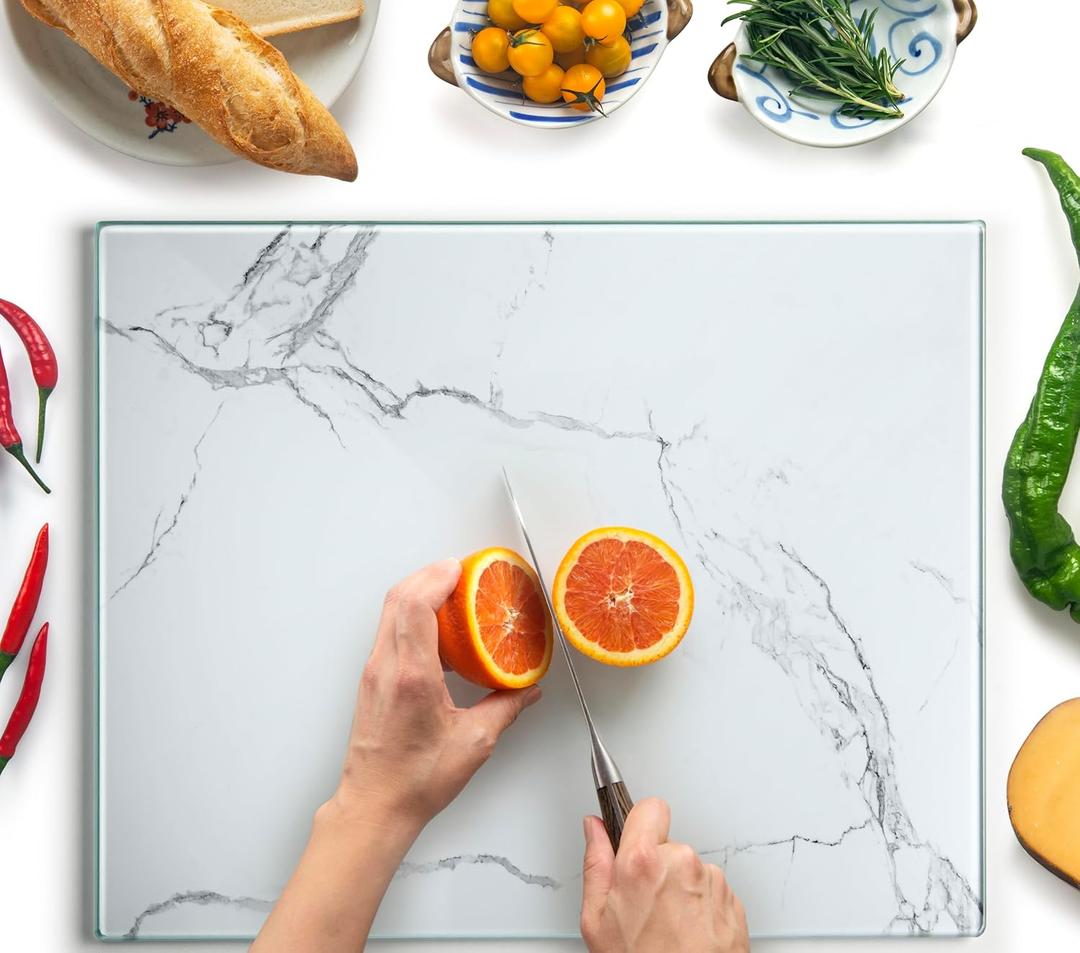 Kitchenville Glass Cutting Board 20x16: Tempered Glass Kitchen Counter Protector - Durable- Scratch-Resistant, Heat-Proof - Design 2 - White Marble Effect