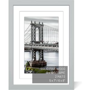 UHFWIFR 9x12 Picture Frames Solid Wood Display Pictures 6x8 or 5x7 with Mat or 9x12 Frame without Mat Poster Photo Frame Art with 2 Mats for Wall Mounting or Table Top(Gray)